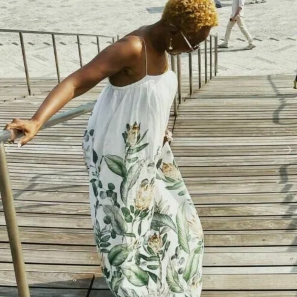 H&M Voluminous Linen Blnd Palm Leaf Print Midi Summer Smock Dress size S